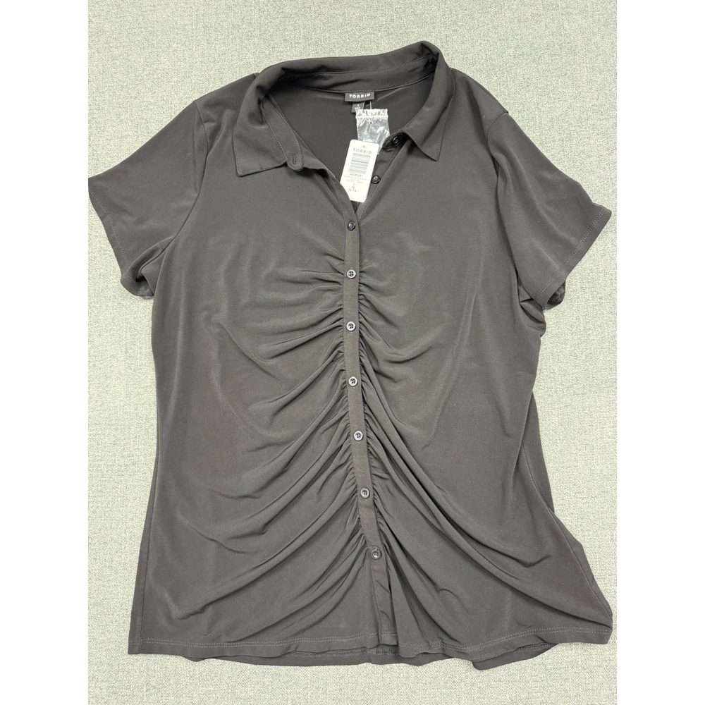 Torrid Studio Knit Shirred Front Button Down Shirt Black 1 1X 14-16 40285491
